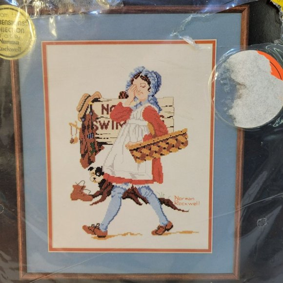 VTG 1982 Dimensions Cross Stitch Kit No Swimming Normal Rockwell 3503 Girl - Picture 2 of 4